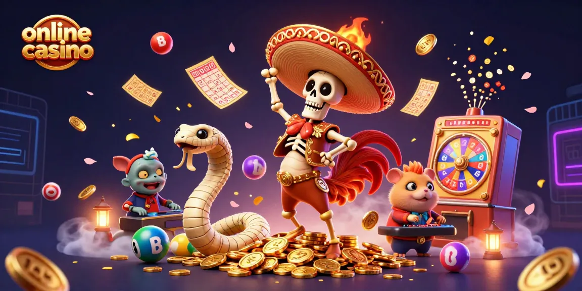 Engaging online casino scene with a dancing skeleton rooster, mummy snake, and DJ hamster.