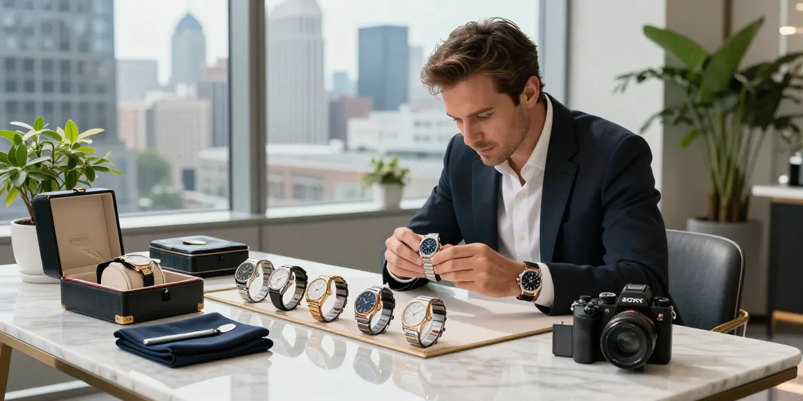 Examining luxury replica watches on a marble table in bright urban light.