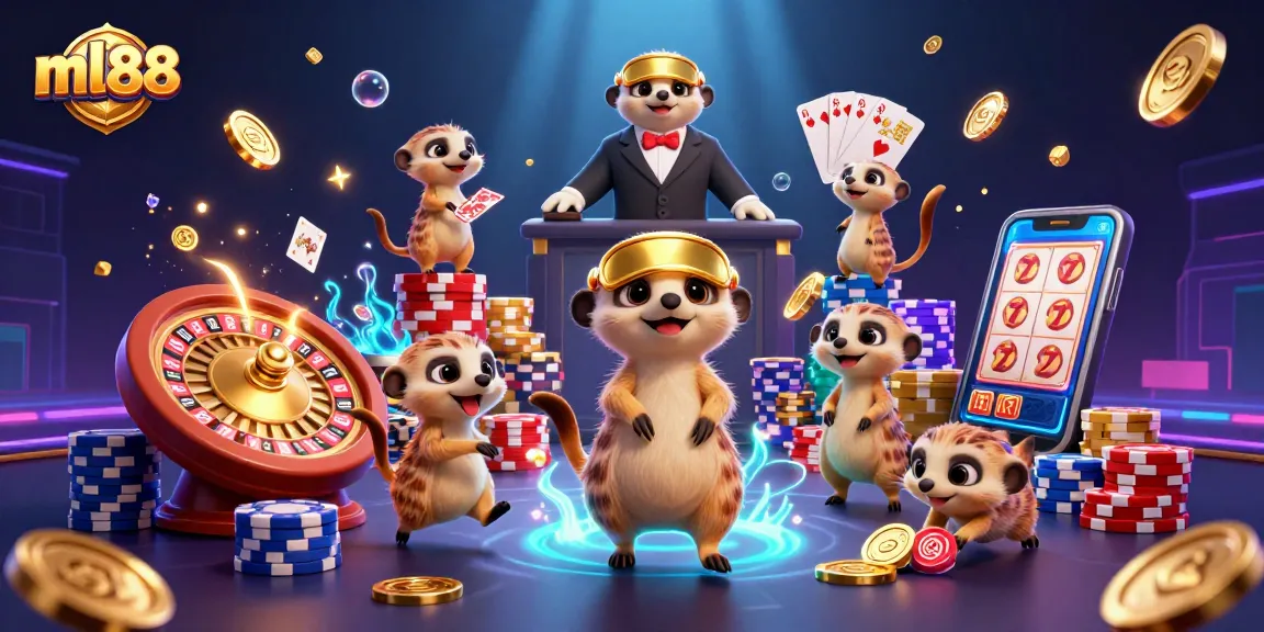 Enjoy the ml88 casino experience with meerkats amidst golden coins and vibrant gaming elements.