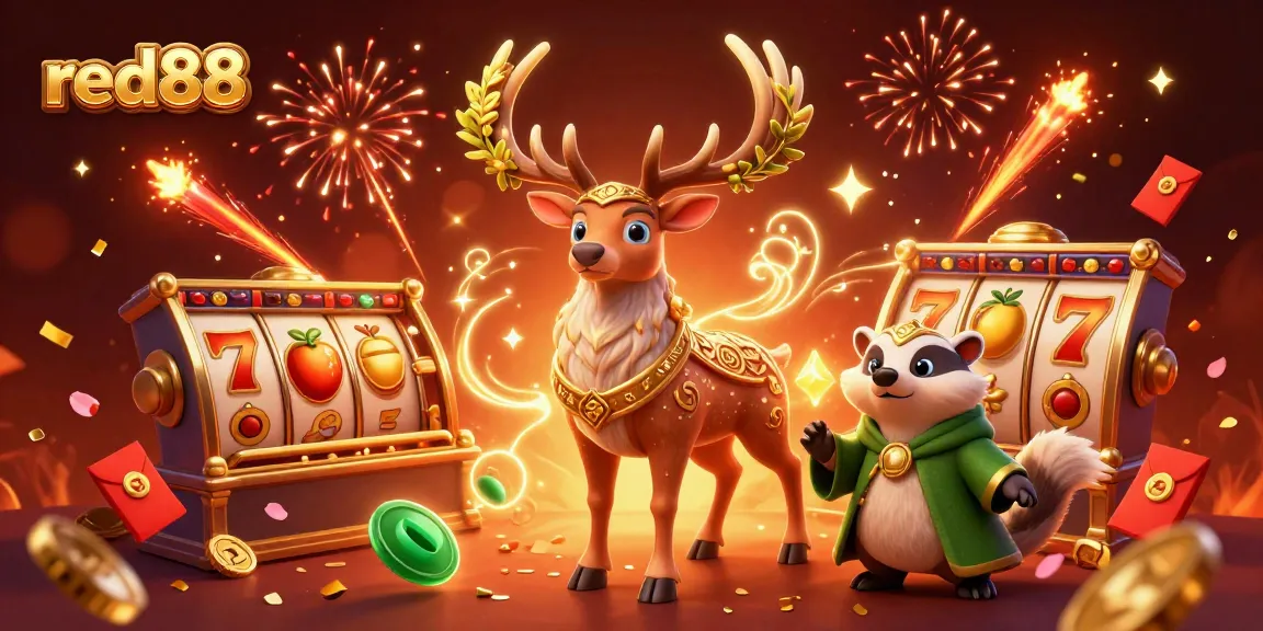 Experience the excitement of red88 with a vibrant 3D casino scene featuring magical characters and slot elements.