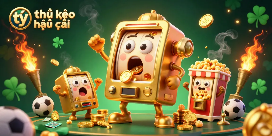 Engaging scene highlighting tỷ lệ kèo nhà cái with an expressive slot machine celebrating its jackpot surrounded by sports betting elements.