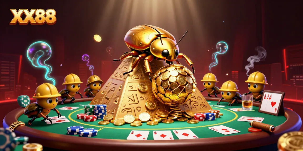 Experience the excitement of XX88 with a golden beetle rolling coins, showcasing vibrant casino elements.