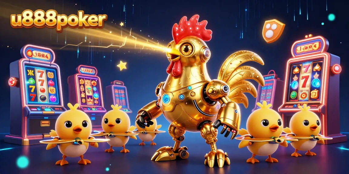 u888poker showcases winning gameplay with a golden rooster robot and baby chick drones amidst lively slot machines.