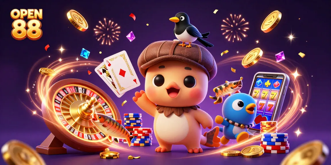 Engage in fun gaming adventures with OPEN 88 as cartoon characters enjoy casino elements.