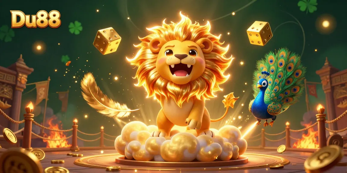 Win big with Du88 at this vibrant casino illustration featuring a roaring lion and golden dice.