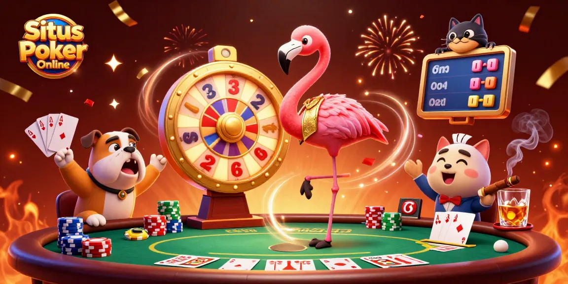 Situs Poker Online features a game show host flamingo with a prize wheel, bulldog contestant, and poker elements.