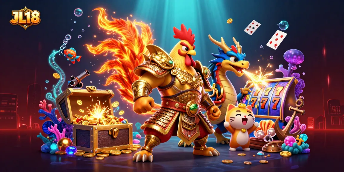 JL18 casino illustration with dynamic rooster warrior, dragon hatchling, and treasure, celebrating vibrant gaming.