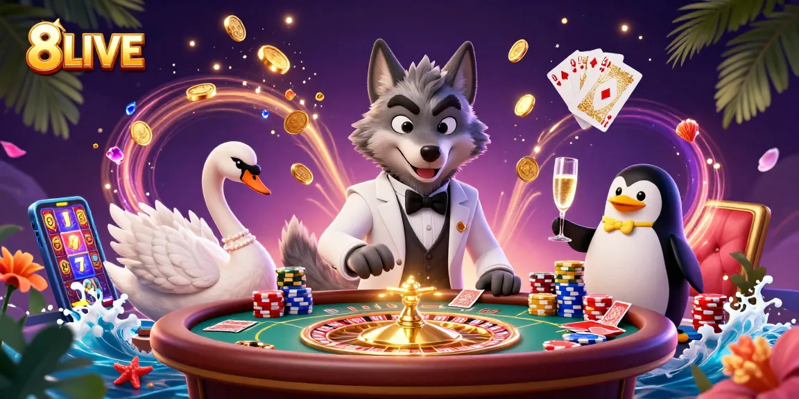 Experience the excitement of 8LIVE with a sophisticated casino scene featuring games, characters, and dynamic visuals
