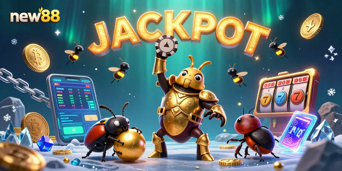 Experience the thrill of winning with new88 at this vibrant casino illustration featuring a victorious hercules beetle.