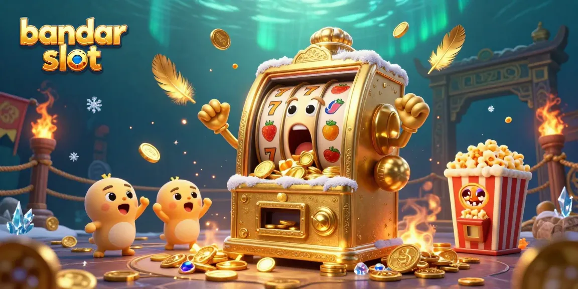 Experience the excitement of bandar slot with a golden slot machine hitting a jackpot surrounded by festive elements.