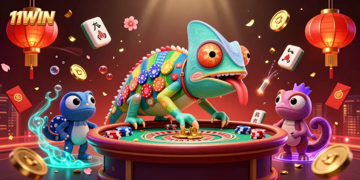 Engage with the vibrant casino world of 11WIN featuring a colorful chameleon owner and rich game elements.