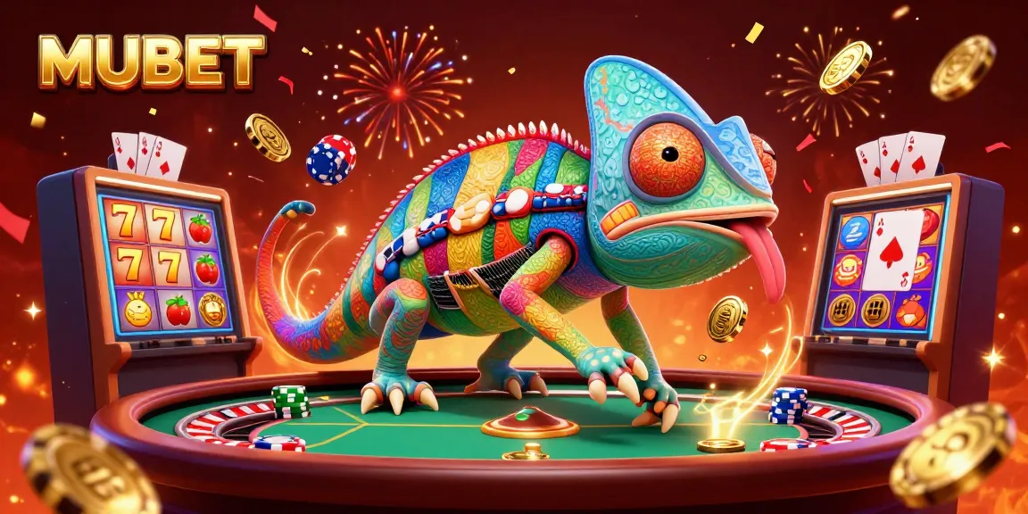 MUBET casino celebration illustration with a vibrant chameleon, slot machines, and poker cards, representing thrilling gaming action.