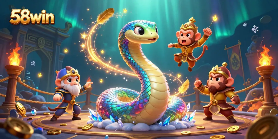 Experience the vibrant magic of 58win through a playful illustration of a rainbow serpent and monkey king.