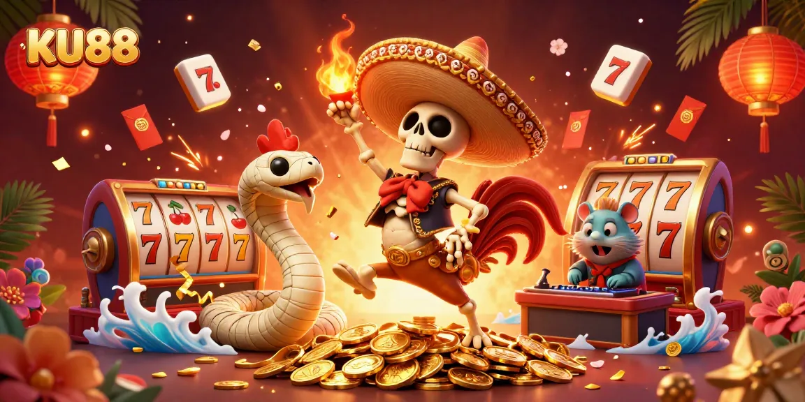 Join the excitement at KU88, where a lively skeleton mariachi celebrates wins amidst vibrant casino elements.