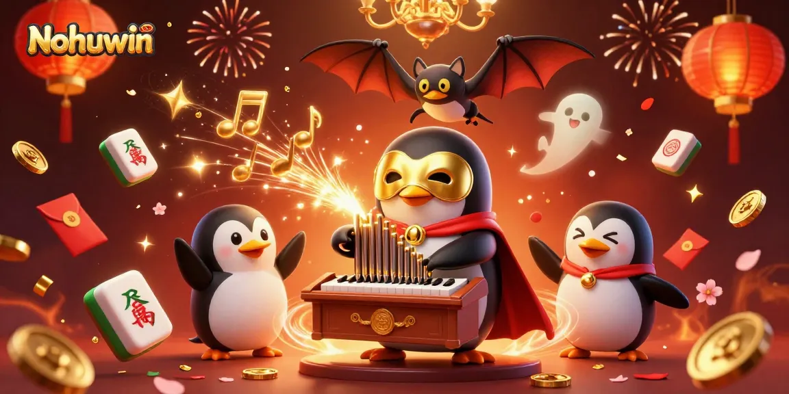 Nohuwin brings exhilarating casino action with a 3D penguin character playing a dynamic organ amidst gold and confetti.