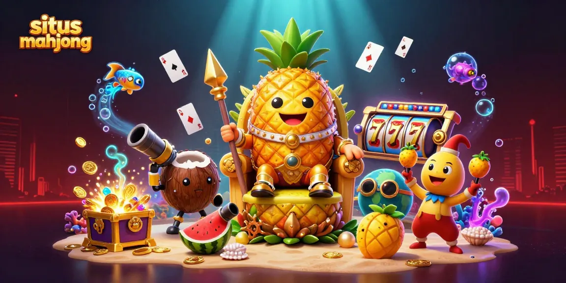 Experience the excitement of situs mahjong with vibrant 3D visuals featuring a pineapple king in a lively casino.