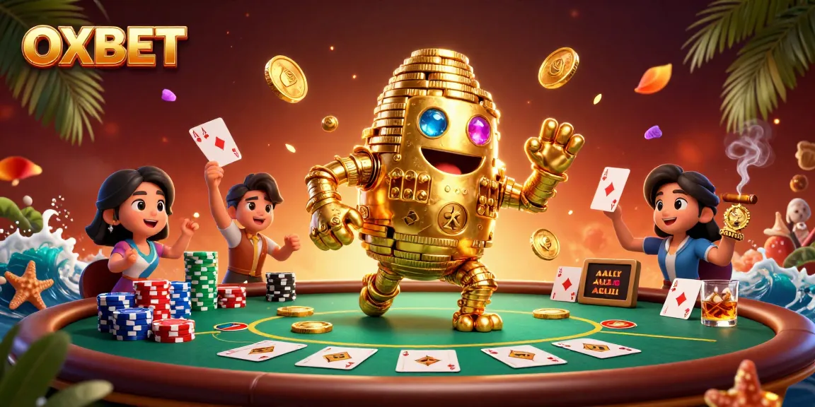 Experience OXBET's thrilling gaming scene with a golden golem and vibrant poker table