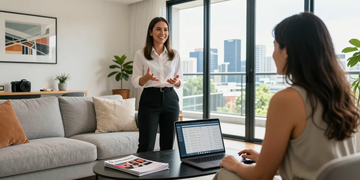 Property manager discussing rental strategies in a stylish Melbourne Airbnb, highlighting Houst Melbourne's expert management services.