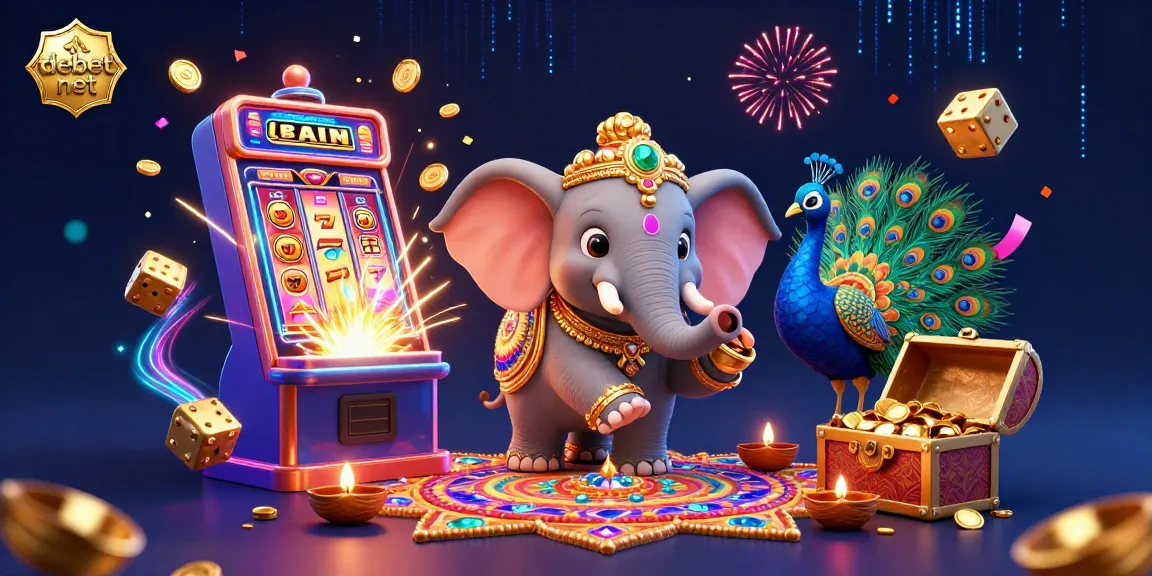 Win big with debet net featuring a vibrant Diwali-themed casino scene with elephants and jackpots.