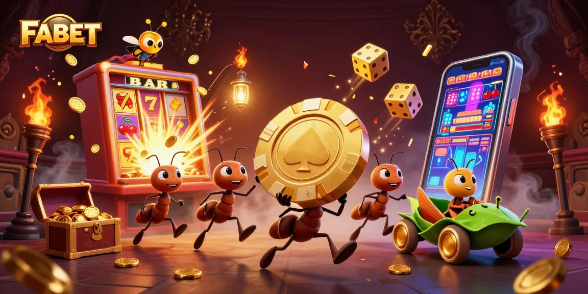 FABET logo shines as ants engage in a gambling heist with a giant poker chip, surrounded by a jackpot explosion.