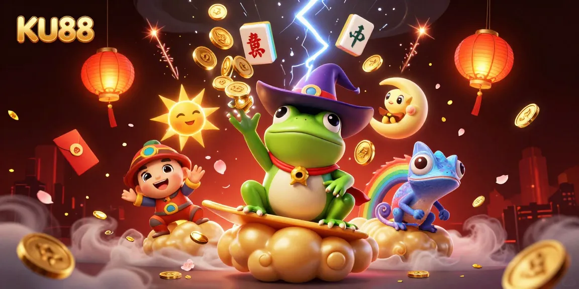 Experience thrilling gaming at KU88 with a vibrant 3D illustration featuring a frog wizard and chameleon.