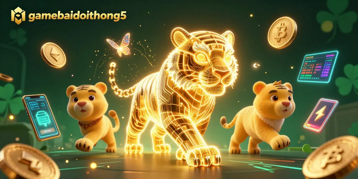Spark excitement with gamebaidoithuong5's dynamic digital casino scene featuring a neon tiger and crypto elements