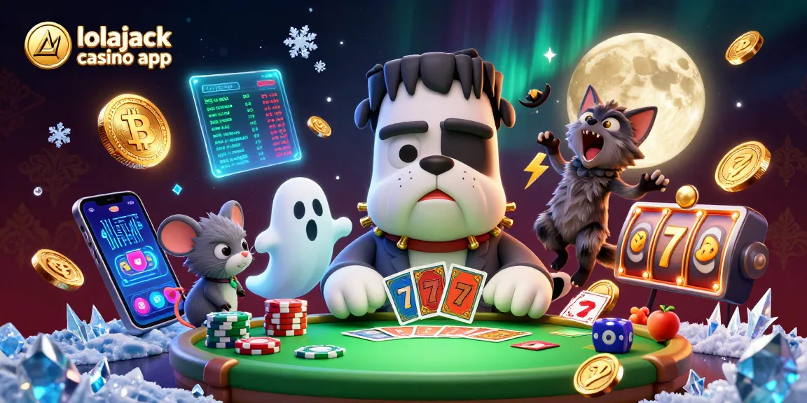 Engage with the lolajack casino app, where a Frankenstein bulldog deals cards amidst coins and vibrant slot elements.