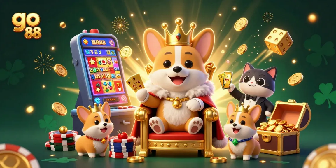Experience excitement at go 88 with a royal corgi surrounded by casino treasures and vibrant slot machine elements.