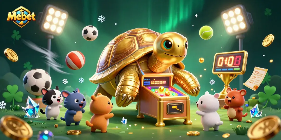 Mebet offers an exciting pinball-themed gambling experience with a golden tortoise and sports elements.