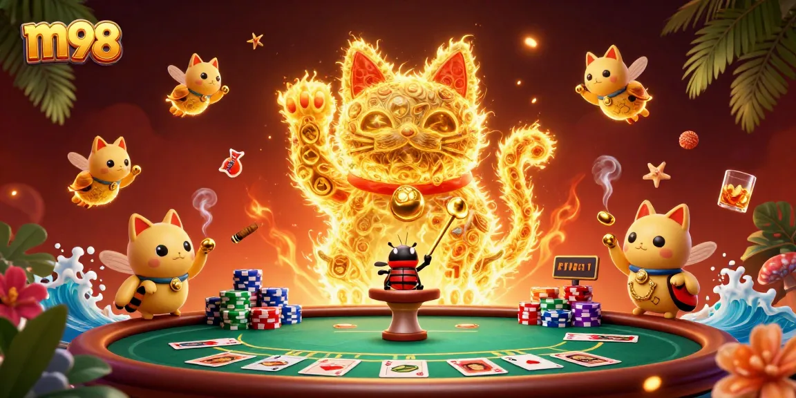 Engage with m98, a vibrant scene of a lucky cat amid casino games showcasing excitement and winning potential.