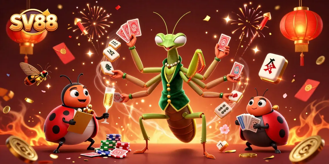 Experience SV88's vibrant casino atmosphere with a 3D mantis dealer and ladybug pit boss.