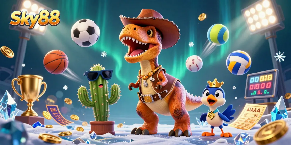 Bet on thrilling games at Sky88 with a vibrant 3D illustration of a dinosaur cowboy amidst sports betting excitement.