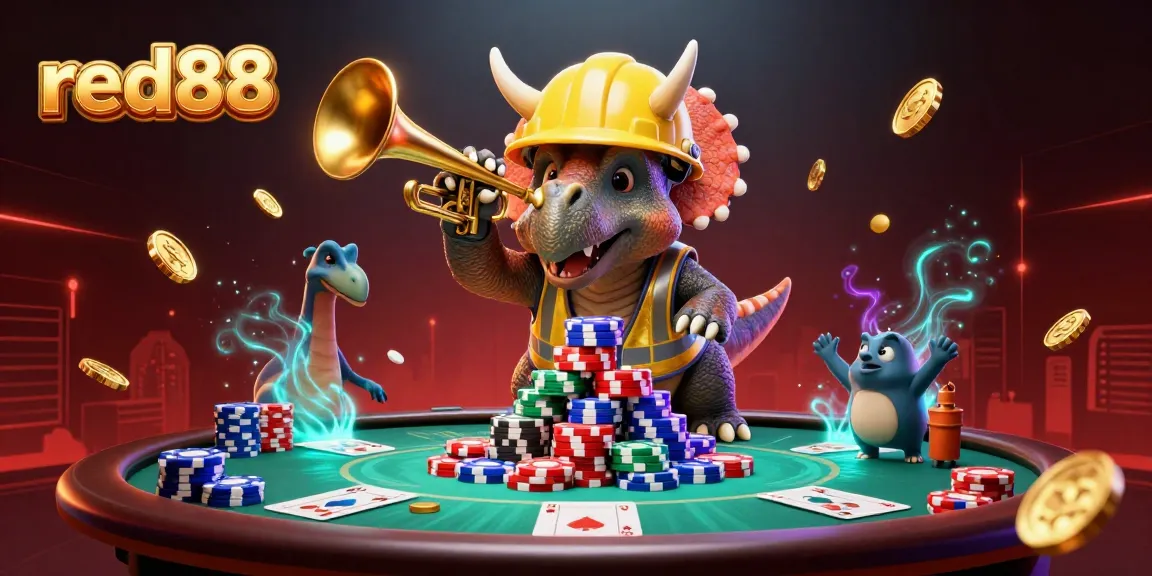 Experience the thrilling red88 casino environment with vibrant cards and chips dynamically interacting in a festive setting.