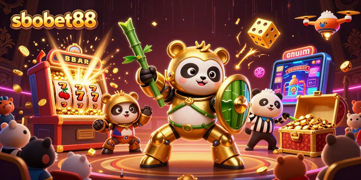Experience thrilling gameplay with sbobet88 in this lively casino arena featuring a golden panda and jackpot explosions.