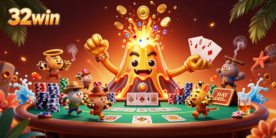 Engage with the thrilling treasures of 32win in a vibrant casino scene of golden eruptions and poker excitement.