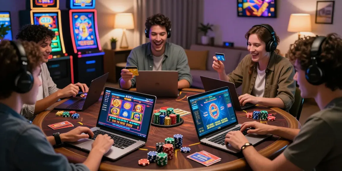 Online gambling excitement at credit card casinos, featuring diverse players enjoying games on being-there.org.uk.