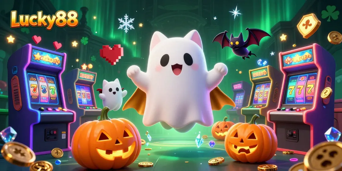 Experience the excitement of Lucky88 slots with a ghost cat and bat companion amidst vibrant casino visuals.