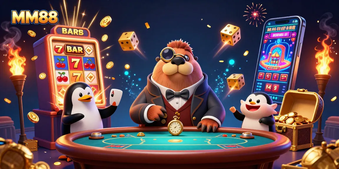 MM88 players enjoying poker at a vibrant casino scene with lively characters and dynamic gaming elements.