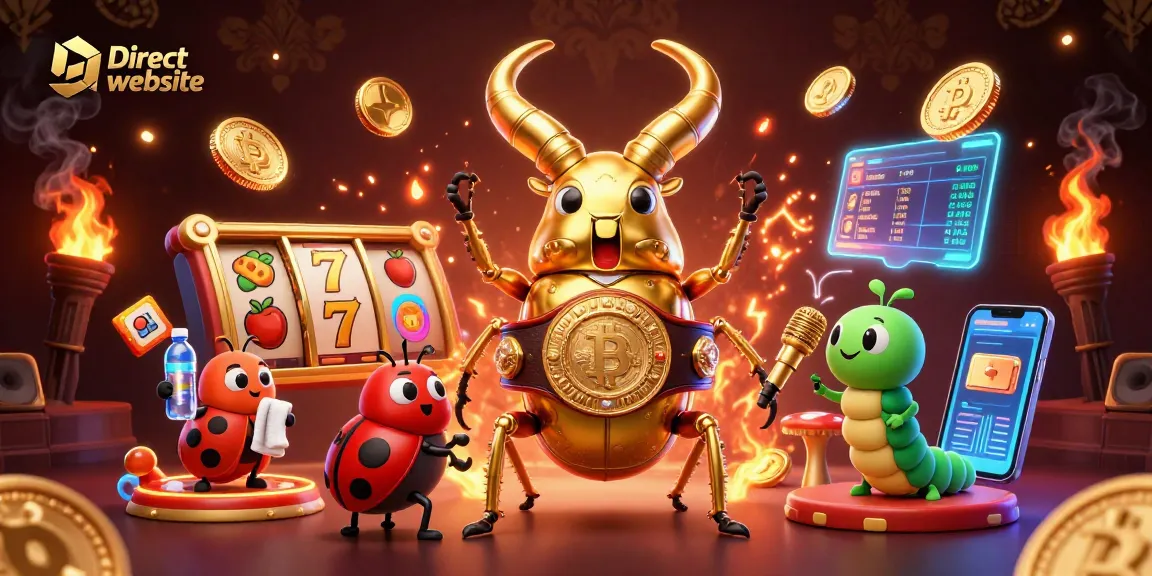 Experience the excitement of a Direct website, showcasing a colorful scene with a golden beetle champion and slot reels.
