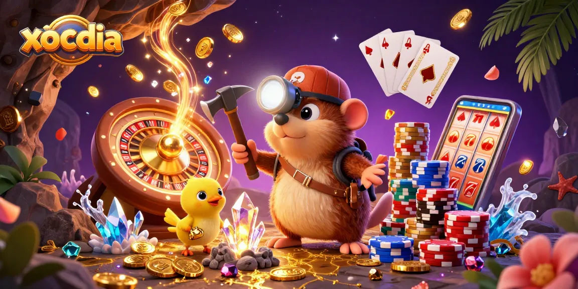 Experience xocdia fun with a vibrant 3D illustration showcasing treasure hunting and thrilling casino elements.