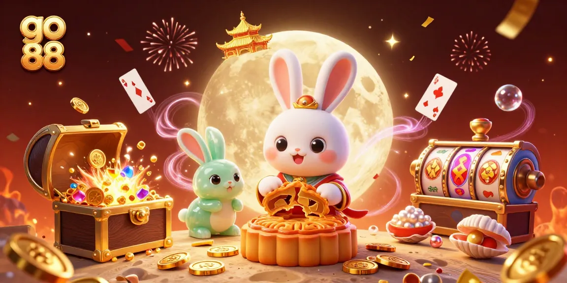 Experience go 88 as the moon rabbit pounds golden mooncakes revealing poker chips in a vibrant casino scene.