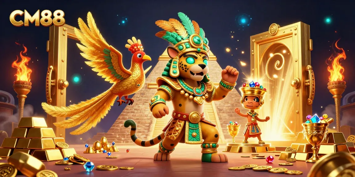 Engage with the vibrant treasures of CM88 at a 3D casino scene showcasing overflowing riches and excitement.