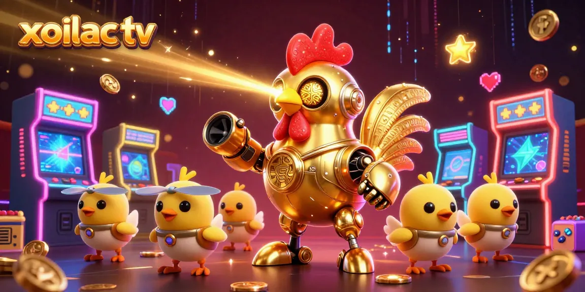 Xoilac TV showcases an engaging scene featuring a golden rooster robot and baby chick drones amidst a vibrant casino environment.