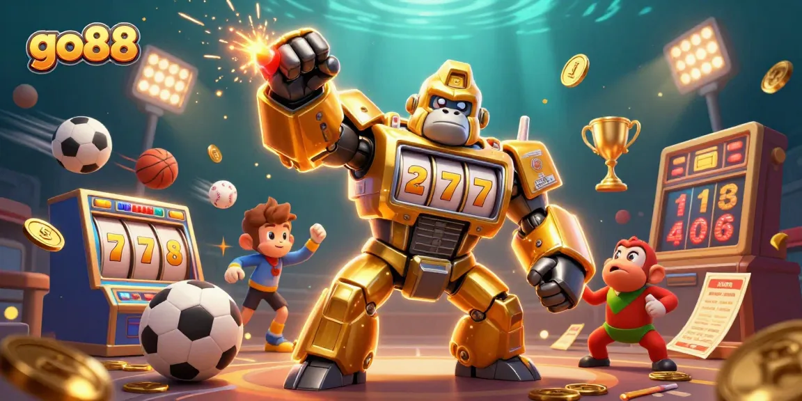 Experience the thrill of go88 with a golden gorilla mech surrounded by dynamic casino action!