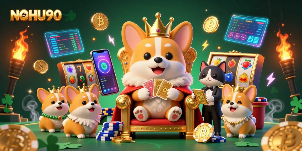 Engage with NOHU90's vibrant gaming experience featuring royal corgi royalty and neon crypto elements.