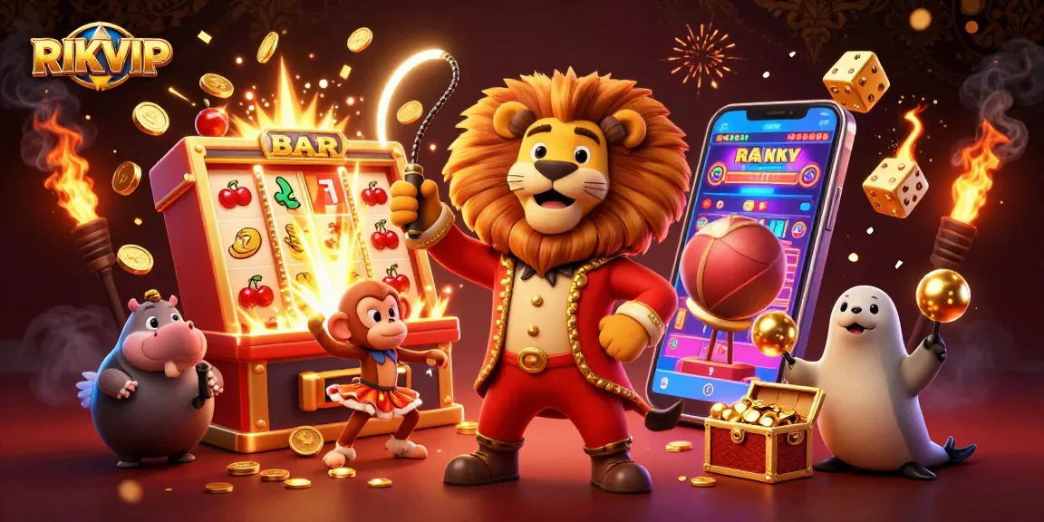 Experience the thrills of RIKVIP with vibrant 3D circus characters and dynamic casino game elements exploding in a colorful jackpot.