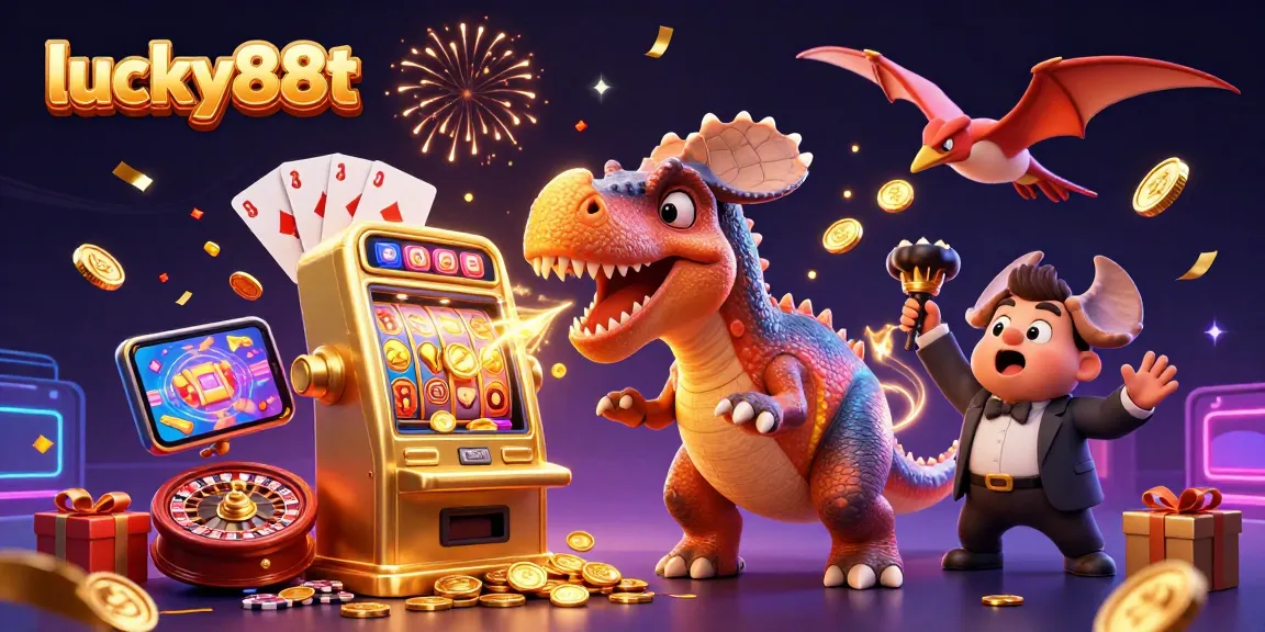 Catch winning jackpots with lucky88t in a vibrant casino scene featuring playful dinosaurs.