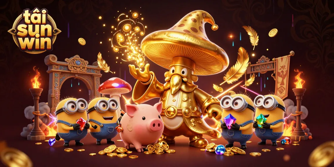 Engage with tải sun win in a mystical 3D casino scene featuring a golden wizard and a treasure pig.