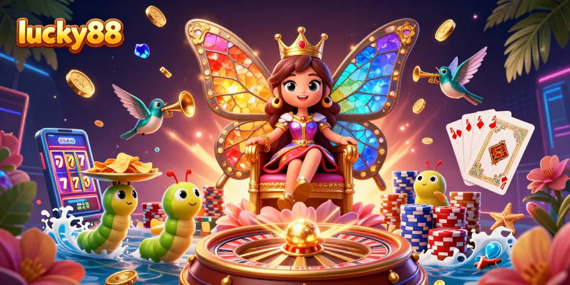 Experience the allure of lucky88 with a whimsical illustration featuring a queen, vibrant gems, and casino elements.