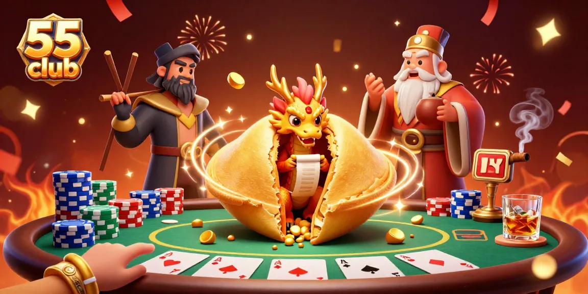 Engage with the thrilling 55 club poker scene featuring a golden fortune cookie and animated characters